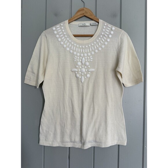 Neiman Marcus Sweater L Large Ivory Cashmere Cotton Blend Rhinestones 3/4 Sleeve - Picture 1 of 3